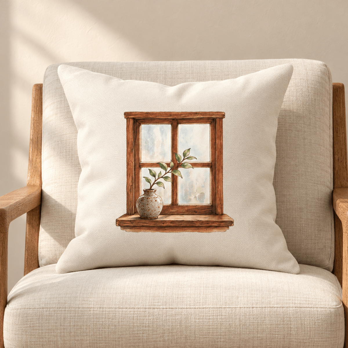 Leaf at the Window Decorative Pillow by Mirabilia Boutique featuring a watercolor illustration of a leafy branch in a vase sitting on a wooden window sill.