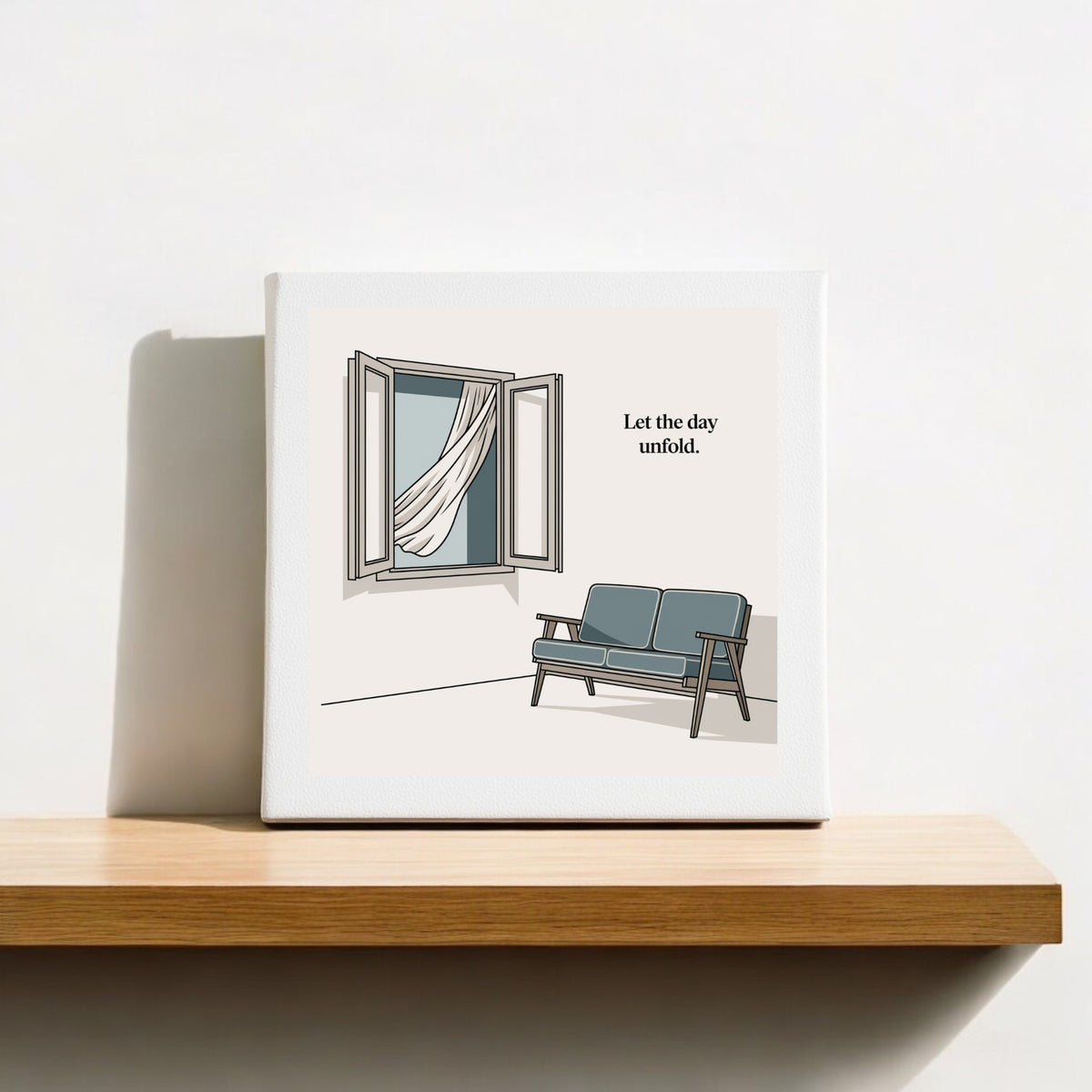 The Let the Day Unfold Canvas – Serene Slow Morning Art by Mirabilia Boutique features an open window with flowing curtains and a blue bench, plus the phrase "Let the day unfold." Perfect for slow-living decor.
