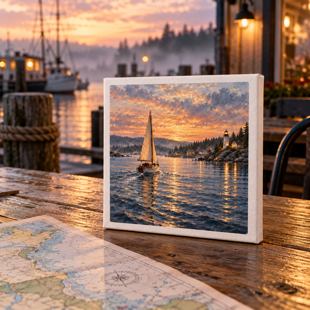 The Long Way Home Canvas by Mirabilia Boutique, a sailboat canvas art print of a lighthouse at sunset, resting on a wooden table next to a nautical map.