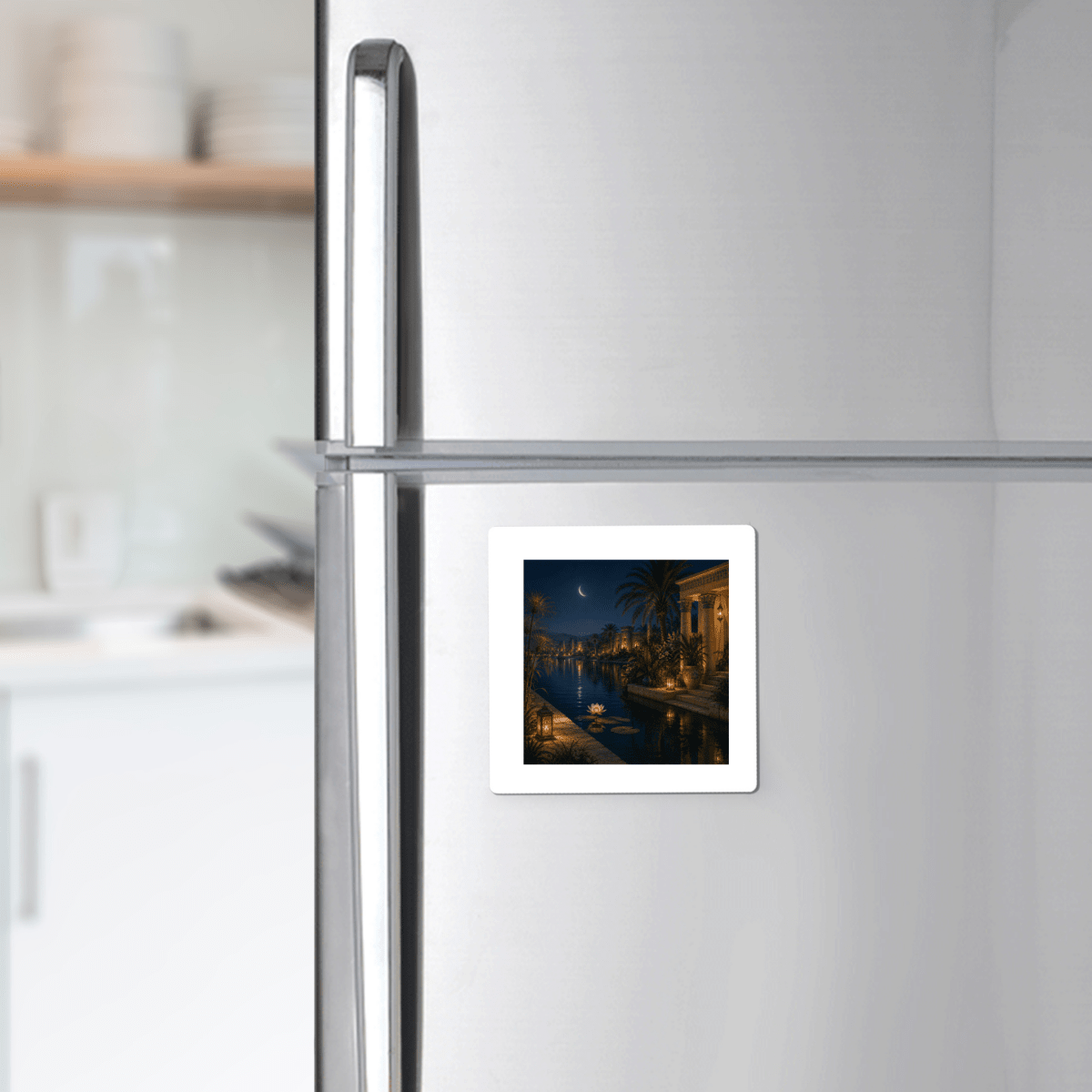 A silver refrigerator adorned with the “Lotus After Dark Magnet | Ancient Egyptian Art” by Mirabilia Boutique—a small square magnet depicting an enchanting nighttime waterfront scene with palm trees and a crescent moon, evocative of the serene Nile river. In the soft-focus background, a white kitchen shelf with dishes adds to the ambiance.
