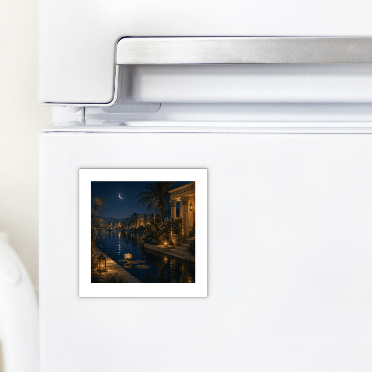 A “Lotus After Dark Magnet” by Mirabilia Boutique, depicting ancient Egyptian art, is attached to a white refrigerator door beneath the freezer handle.