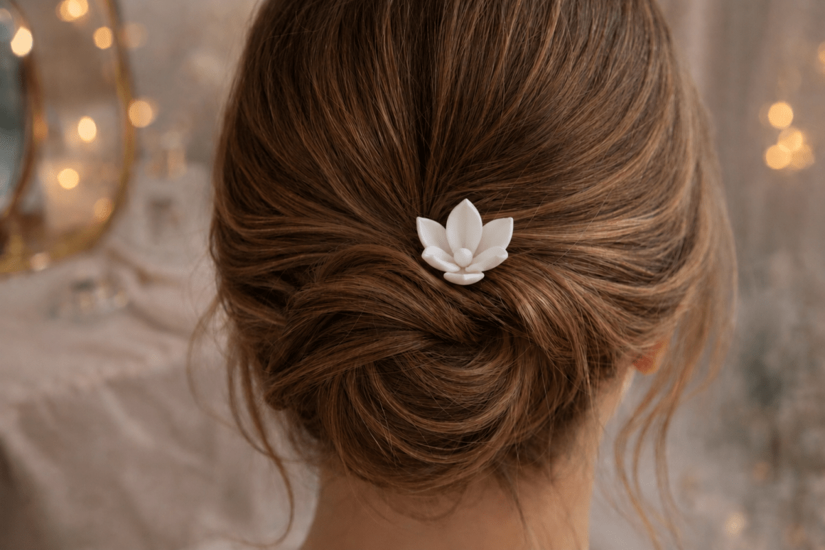 A woman with light brown hair in a low twisted bun wears the Mirabilia Boutique Lotus Hair Fork in Matte Cotton White. The softly blurred background features warm lights and neutral tones.