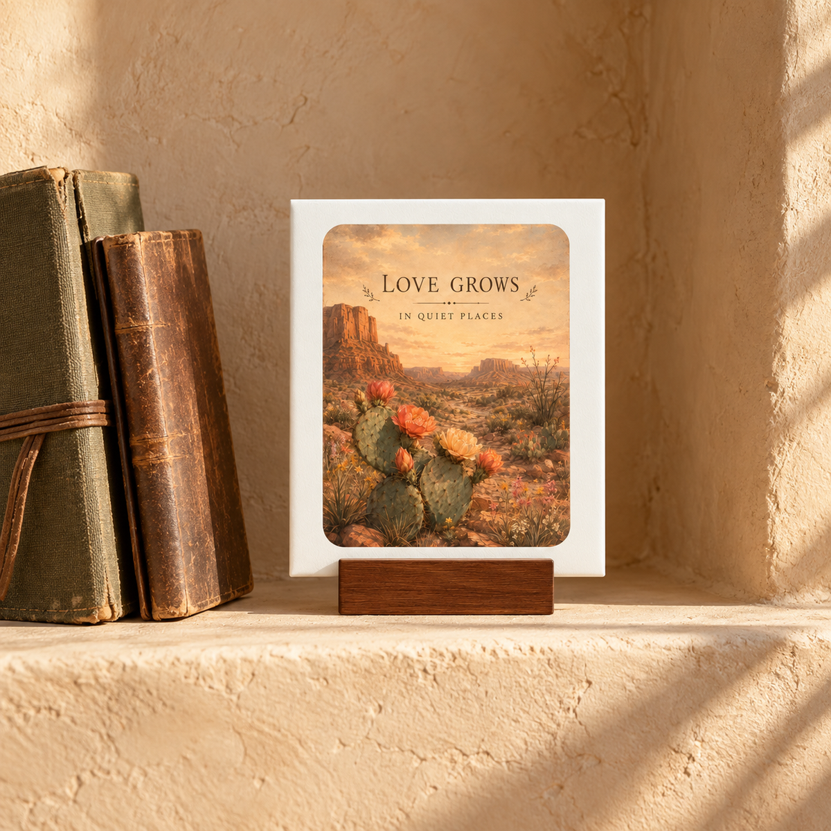 The Love Grows in Quiet Places Mini Canvas Sign | Sage & Stone by Mirabilia Boutique features desert artwork and a blooming cactus on a wood base, perfect for displaying on a sunlit shelf.