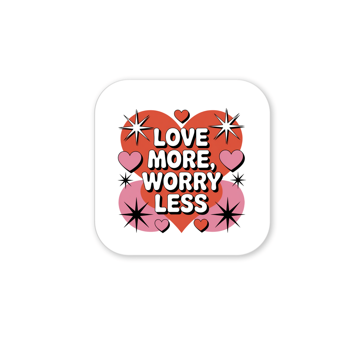 The Love More Worry Less Magnet by Mirabilia Boutique features bold white text, red and pink hearts, and black starbursts—a cute retro Valentine fridge decor to add charm to your space.