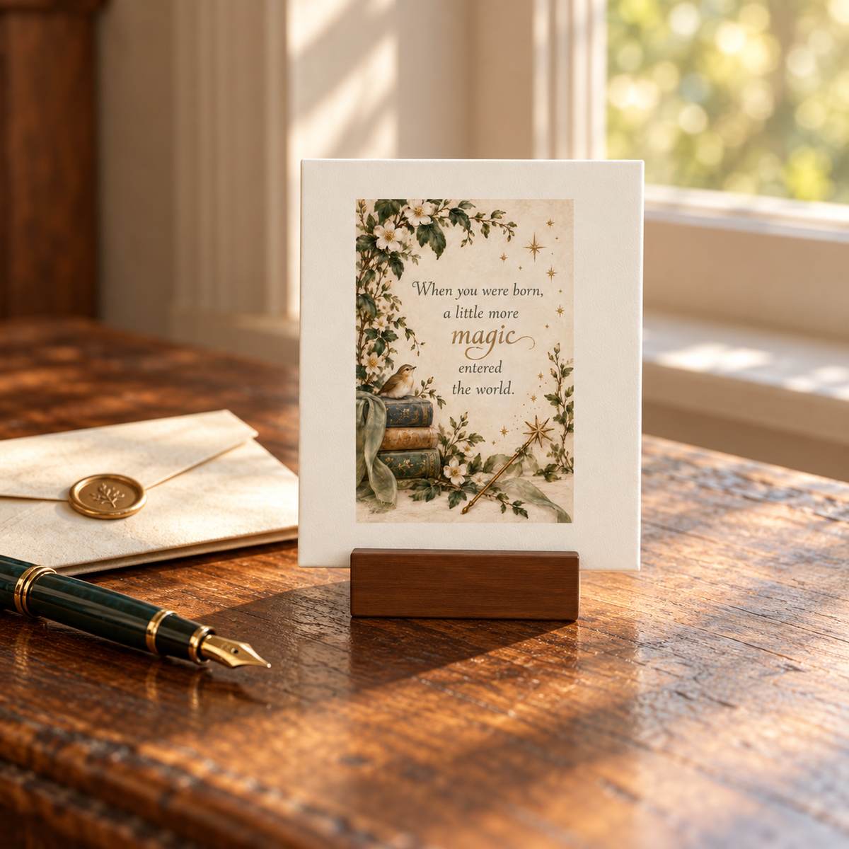 A “A Little More Magic 4x6 Mini Friend Gift Sign” by Mirabilia Boutique rests on a wooden desk, its message—“When you were born, a little more magic entered the world”—illuminated by sunlight beside a pen and envelope; this delightful keepsake from Moon & Moss perfectly captures woodland enchantment.