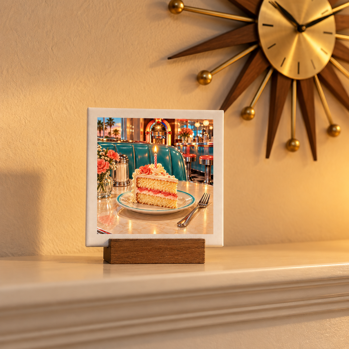 Make a Wish at the Bluebird Birthday Mini Sign, a square sign in a wooden stand displaying an image of a slice of birthday cake with a lit candle on a diner table.