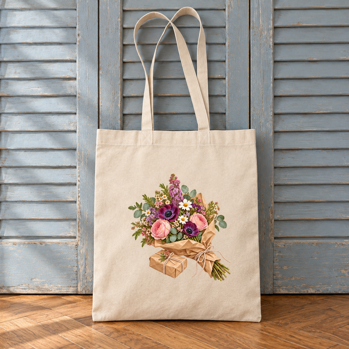 Market Morning Tote Bag | Paris Toujours featuring a floral illustration of a bouquet wrapped in brown paper with a small gift box.