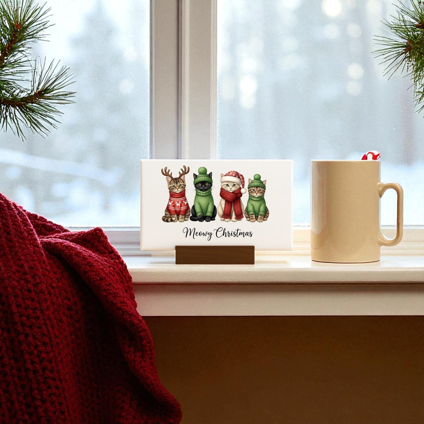Create a cozy holiday vibe with the Meowy Christmas Cat Sign mini canvas decor by Mirabilia Boutique—featuring festive gnomes, "Meowy Christmas" text, and red accents. Perfect cat lover gift and cheerful home accent for the season!.