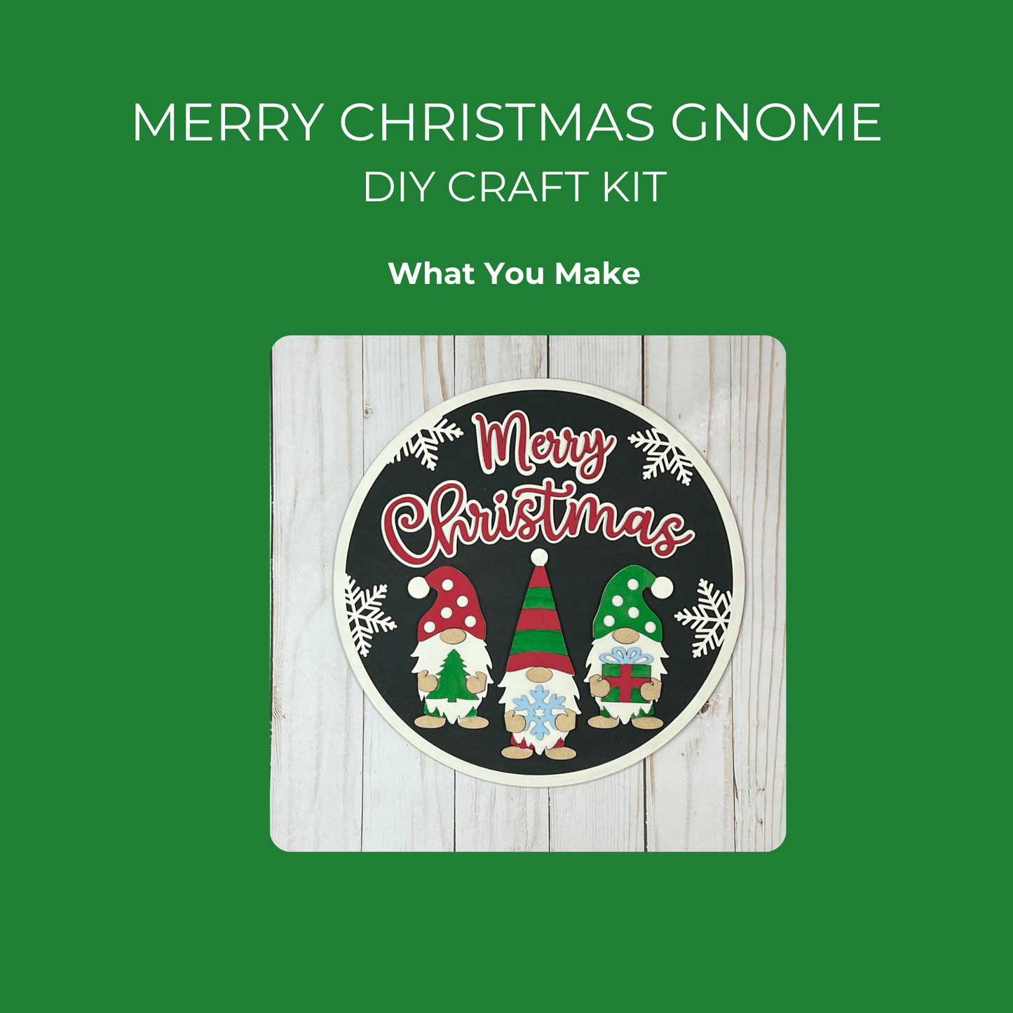 The Mirabilia Boutique Christmas Gnome DIY Sign Kit lets you paint your own holiday decor with three festive gnomes, snowflakes, and Christmas trees on a round wooden sign featuring “Merry Christmas” in red.