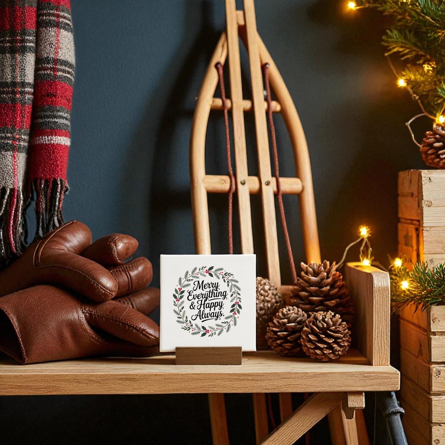 A cozy holiday scene with Christmas décor: a wooden sled, leather gloves, scarf, pinecones, string lights, and the Mirabilia Boutique "Merry Everything & Happy Always" 4x4 mini sign on a wooden bench by the tree.