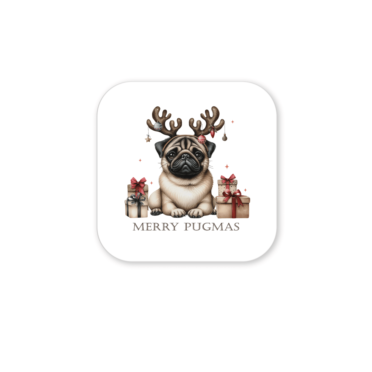 The Merry Pugmas Magnet by Mirabilia Boutique features a pug in reindeer antlers among gifts, with "Merry Pugmas" text on a white background—perfect holiday decor and a cute Christmas gift for any pug lover.
