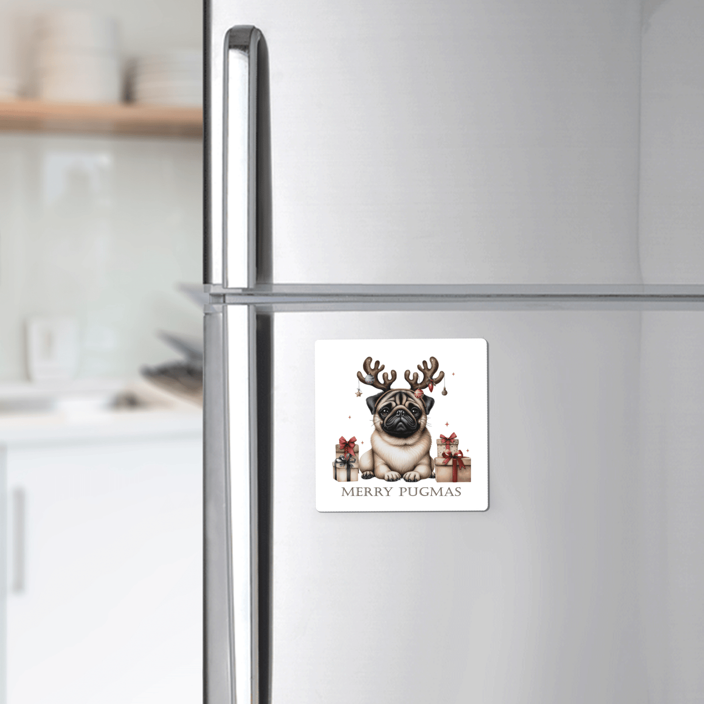 Add festive cheer to your fridge with the Merry Pugmas Magnet by Mirabilia Boutique, featuring a pug in antlers and a red scarf with gifts and "Merry Pugmas" text—perfect holiday decor and a cute Christmas gift.
