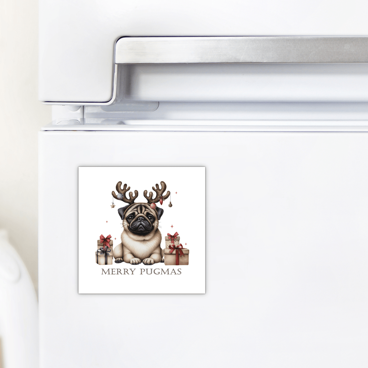 Brighten up your fridge with the Merry Pugmas Magnet from Mirabilia Boutique—a cute pug in reindeer antlers surrounded by gifts, perfect as a Christmas gift or festive holiday decor.