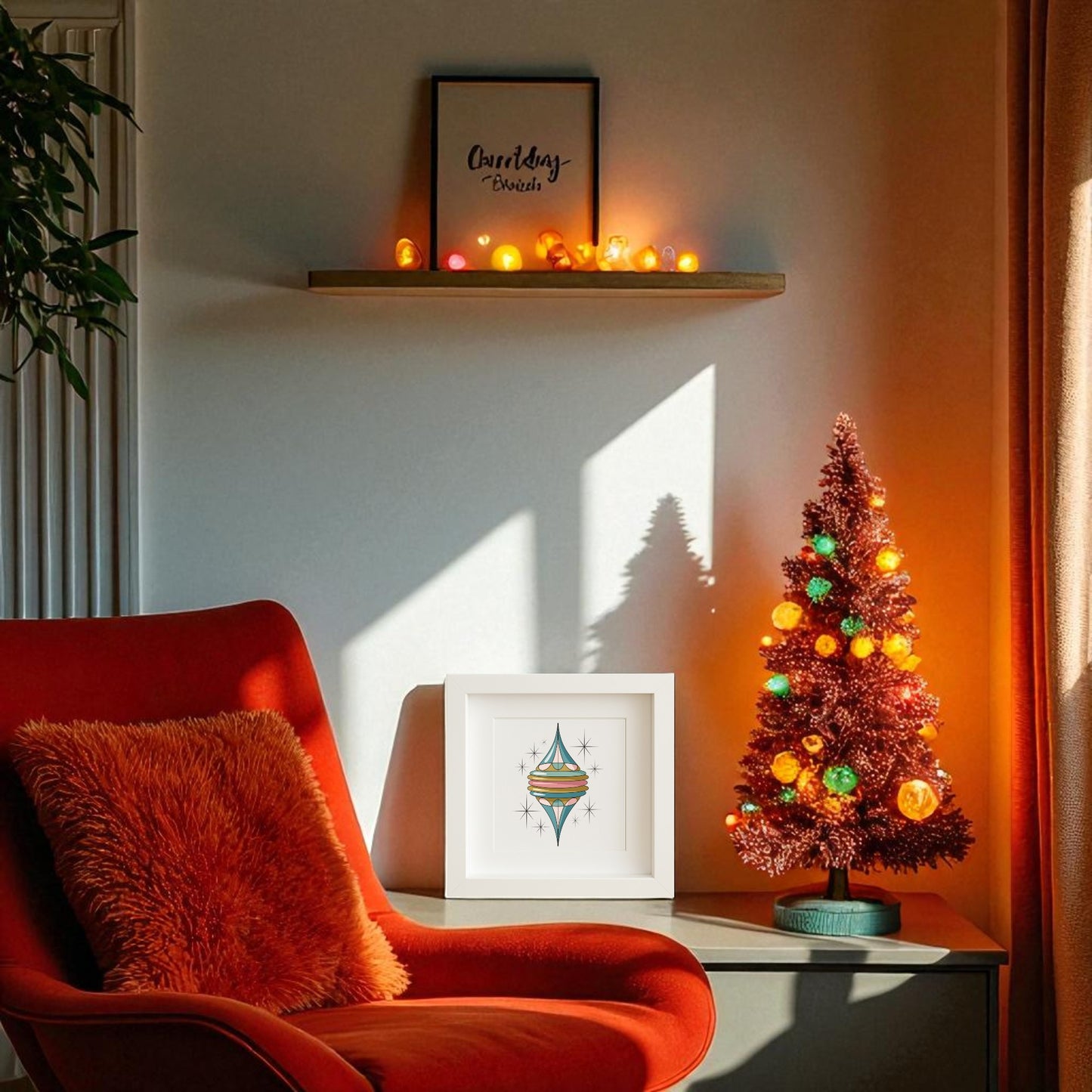 A cozy living room corner features a red chair with an orange pillow, a small Christmas tree on a table, warm orange string lights, and the Mirabilia Boutique Retro Icicle Ornament Art | Mid-Century Christmas Shadowbox.