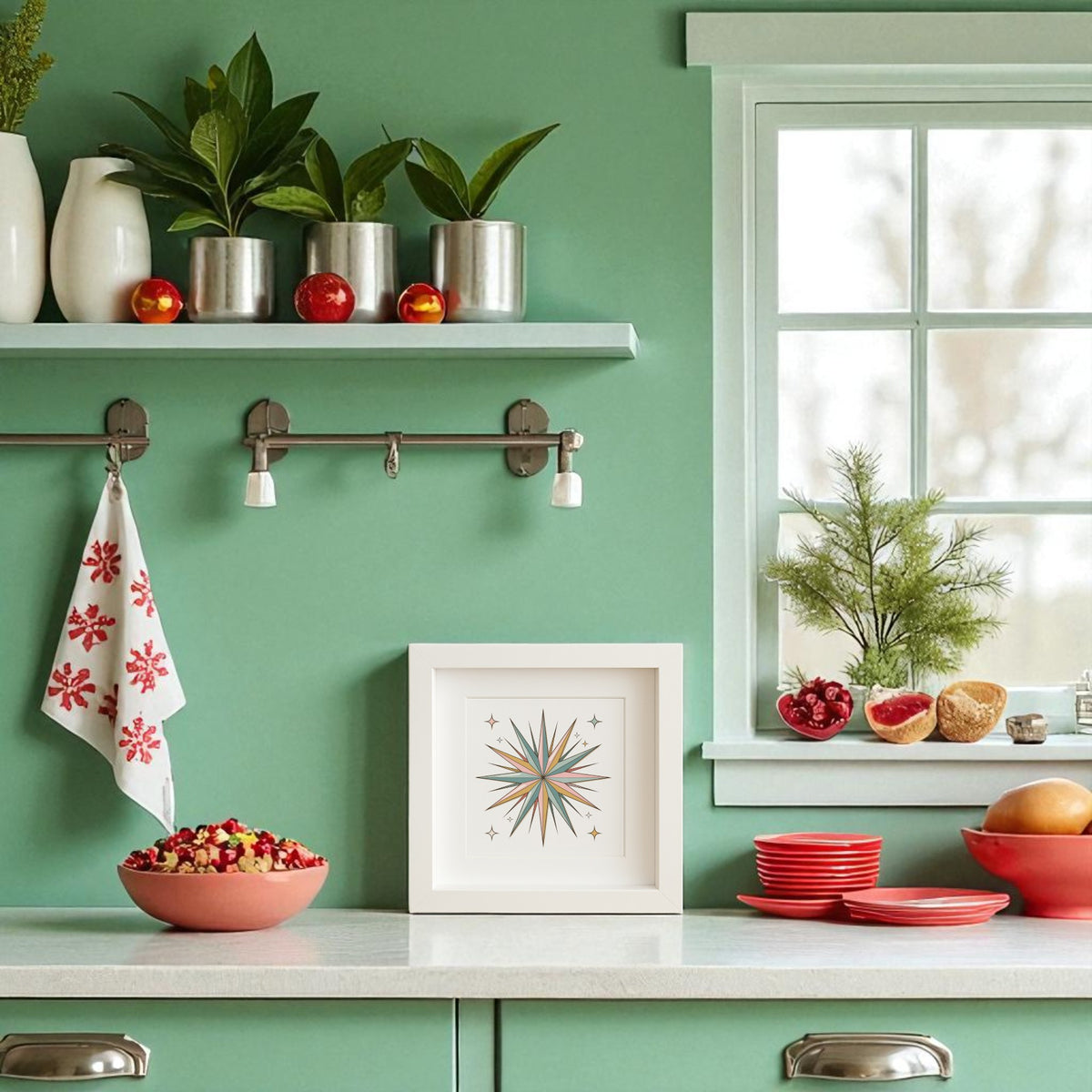 A mint green kitchen features white countertops, red and white dishware, potted plants, and Mirabilia Boutique's Atomic Starburst Ornament Art. Natural light streams in, highlighting the retro style with a red-and-white towel on a metal rod.