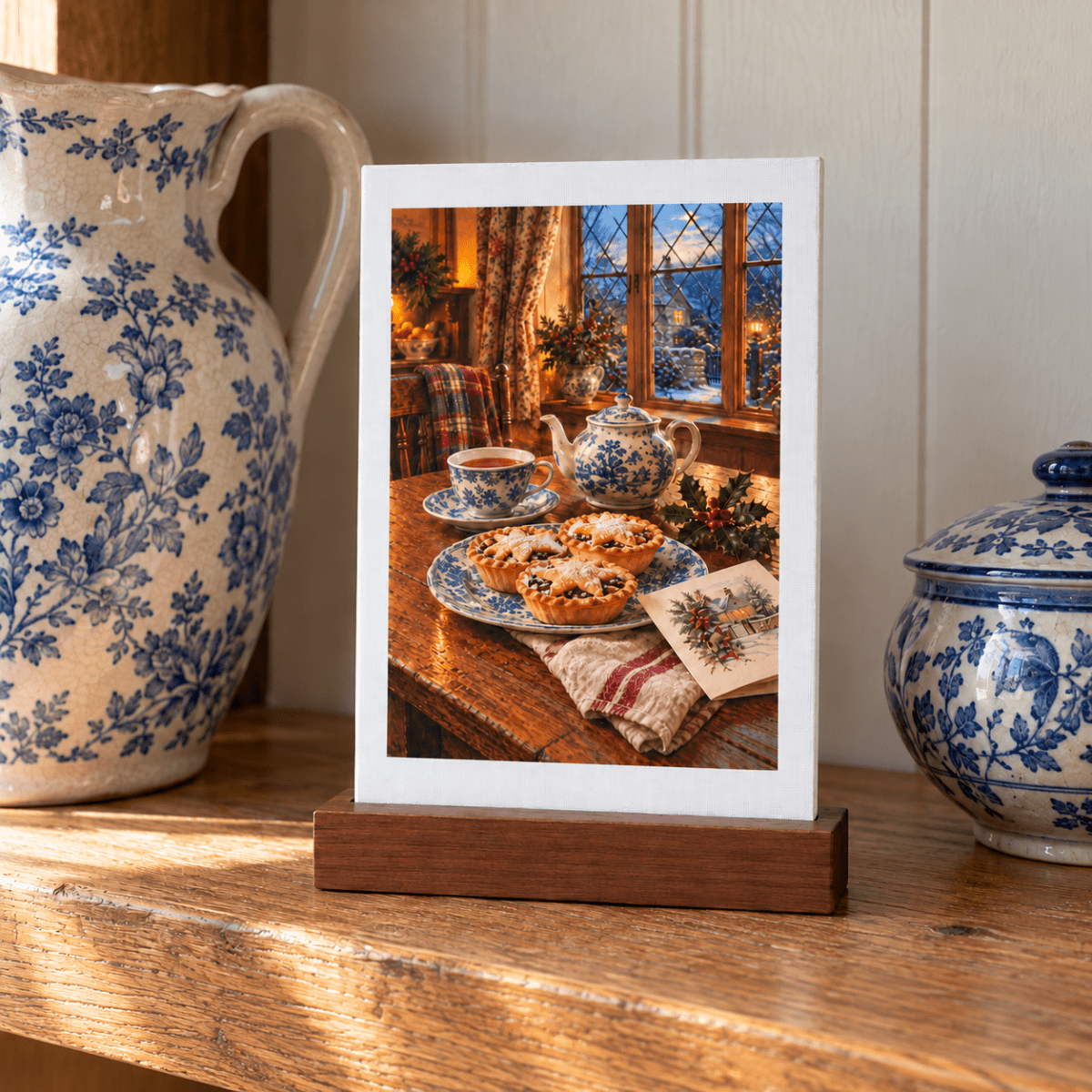 One More Mince Pie Mini Sign in a wooden stand, featuring a picture of mince pies, a teapot, and a cup on a table set before a window.