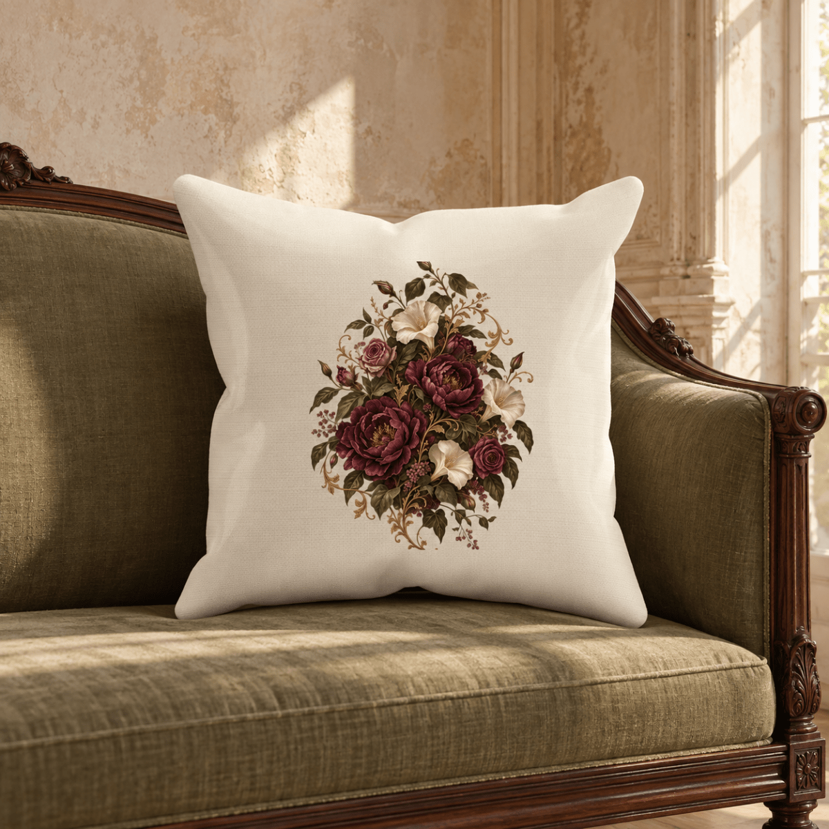 The Moon Garden Floral Throw Pillow by Mirabilia Boutique, featuring a botanical design of purple and cream flowers on soft white fabric, rests elegantly on an olive-green vintage sofa against textured beige walls.