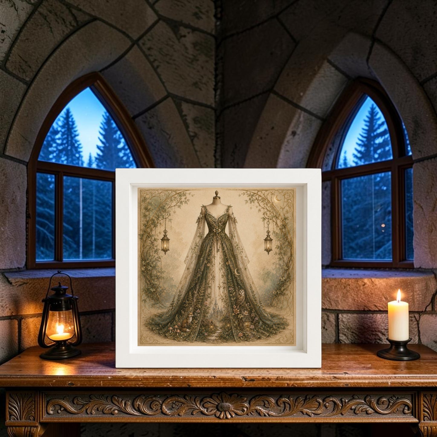 A framed illustration of an ornate medieval gown on a dress form sits on a wooden table between a lantern and a lit candle, in a stone room with arched windows revealing snowy trees outside—Woodland Whisper, from the Curated Couture Artwork series by Mirabilia Boutique, is the perfect addition for lovers of couture artwork.