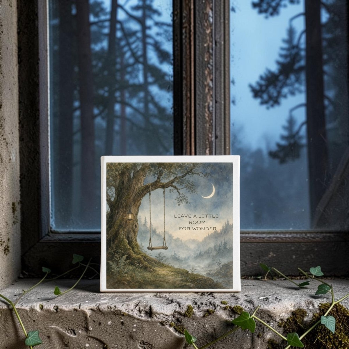 The Mirabilia Boutique "Leave a Little Room for Wonder Canvas" features a watercolor-style scene of a swing hanging from a tree beneath a crescent moon, with the inspiring words "Leave a little room for wonder." Ivy drapes over the windowsill, revealing a misty forest outside—making this woodland canvas art perfect for nature-inspired décor.