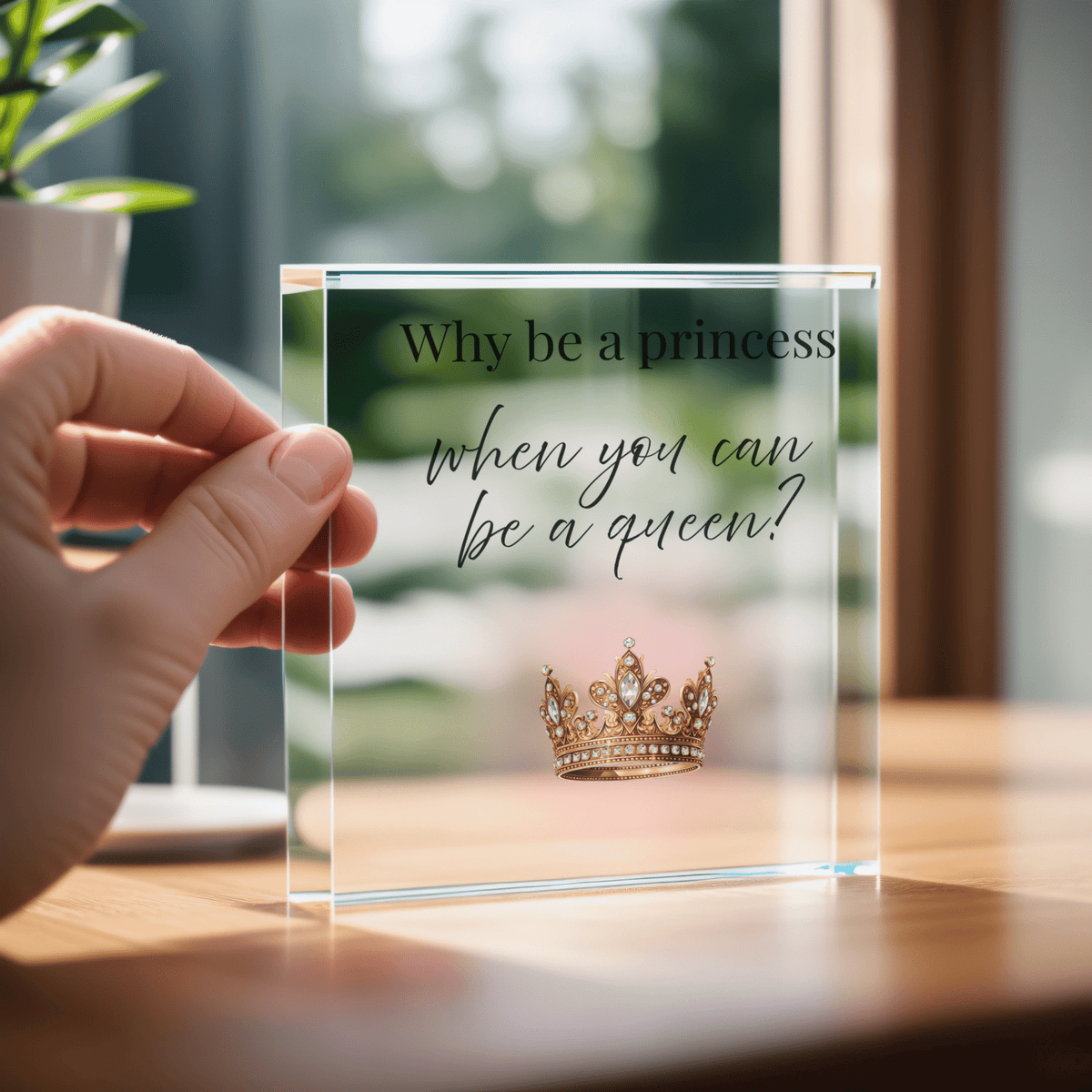 A hand displays the Mirabilia Boutique "Why Be a Princess When You Can Be a Queen" Acrylic Block Gift for Her, featuring crown artwork—an empowering decor piece for women. A sunlit room with a blurred plant and window is in the background.