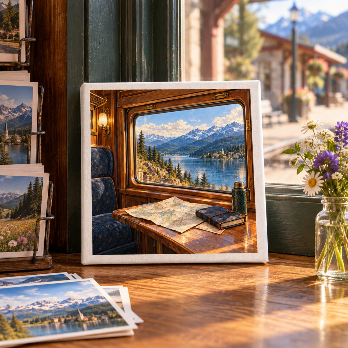 A square Window Seat Northbound Canvas | Railway Art | Wanderland print of a mountain lake painting as viewed from a train window, resting on a wooden table next to a vase of wildflowers.