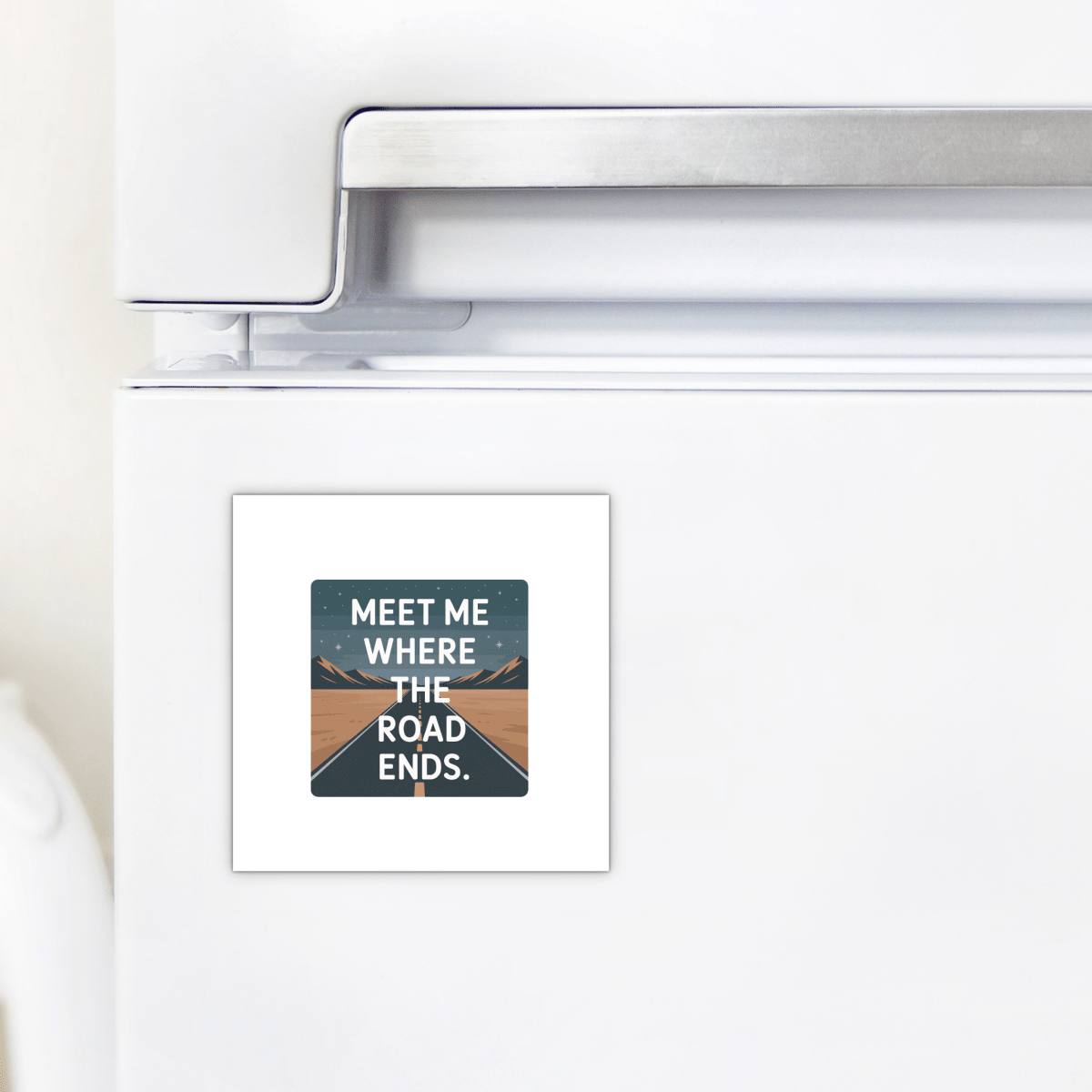 The Meet Me Where the Road Ends Magnet by Mirabilia Boutique features a road-to-mountains night scene and inspiring text—perfect as a road trip gift or unique camper decor accent.
