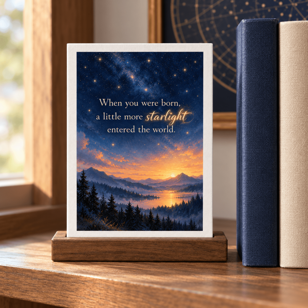 A Little More Starlight Friendship Mini Sign featuring a sunset mountain landscape and the text, “When you were born, a little more starlight entered the world,” on a small rectangular sign in a wooden stand.