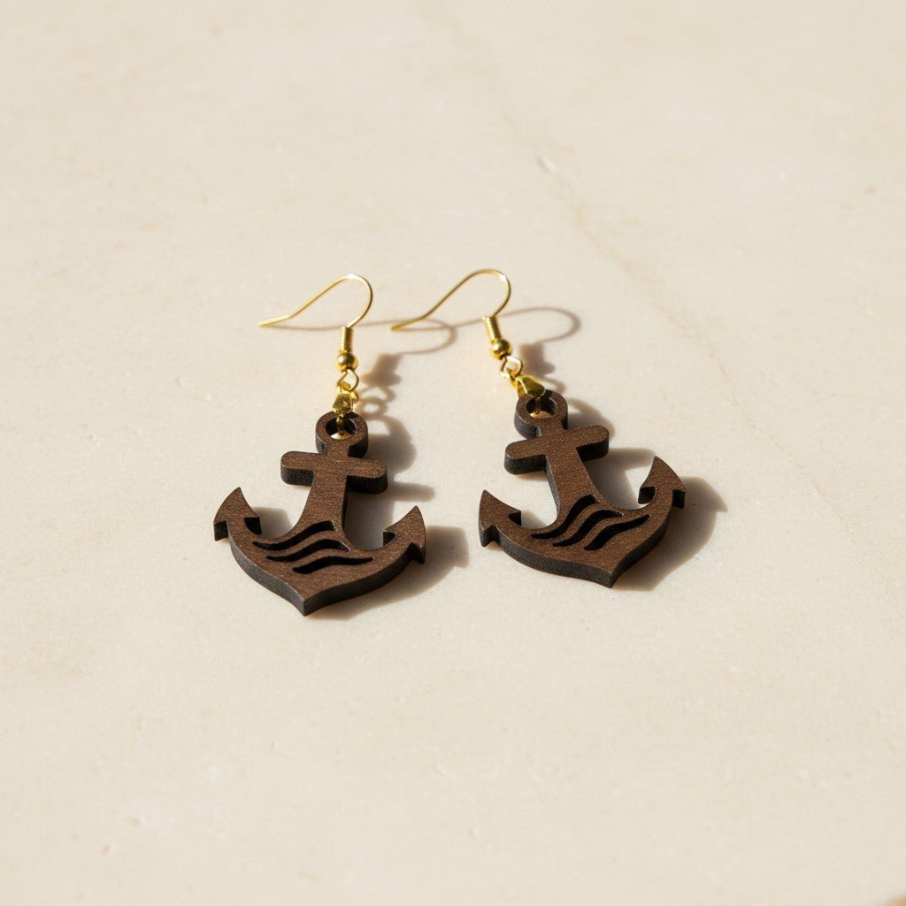 Mirabilia Boutique's Anchor Earrings | Lasercut Walnut Wood feature anchor designs and gold hooks, shown on a light beige surface—ideal for nautical jewelry enthusiasts.