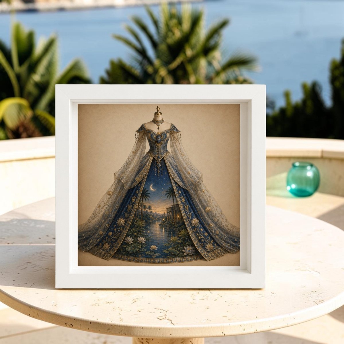A framed couture art piece titled “Night Upon the Nile | Curated Couture Artwork” by Mirabilia Boutique showcases an ornate blue and gold gown on a table outdoors, with palm trees and water softly blurred in the background. This lapis blue gown canvas embodies high fashion elegance amidst a tranquil scene.