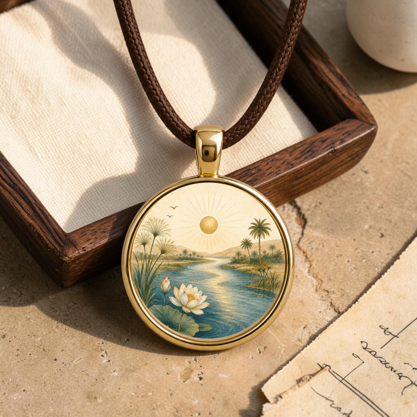 The Trust the Journey | Story Pendant Necklace by Mirabilia Boutique features a gold pendant engraved with a river, palm trees, lotus flowers, and a sun, resting on a brown cord necklace near a wooden box and old paper—this unique piece of Nile landscape jewelry is truly wearable art.