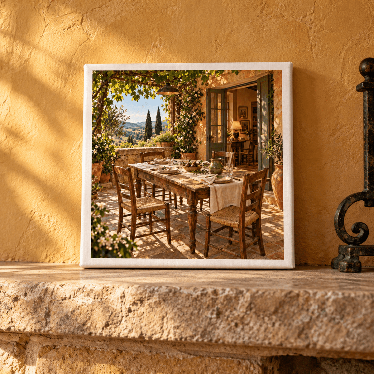 One More Place Tuscan Canvas Art | Ochre & Cypress, a terrace painting featuring a patio dining table set for a meal under a vine-covered pergola with a view of a rolling Tuscan landscape.