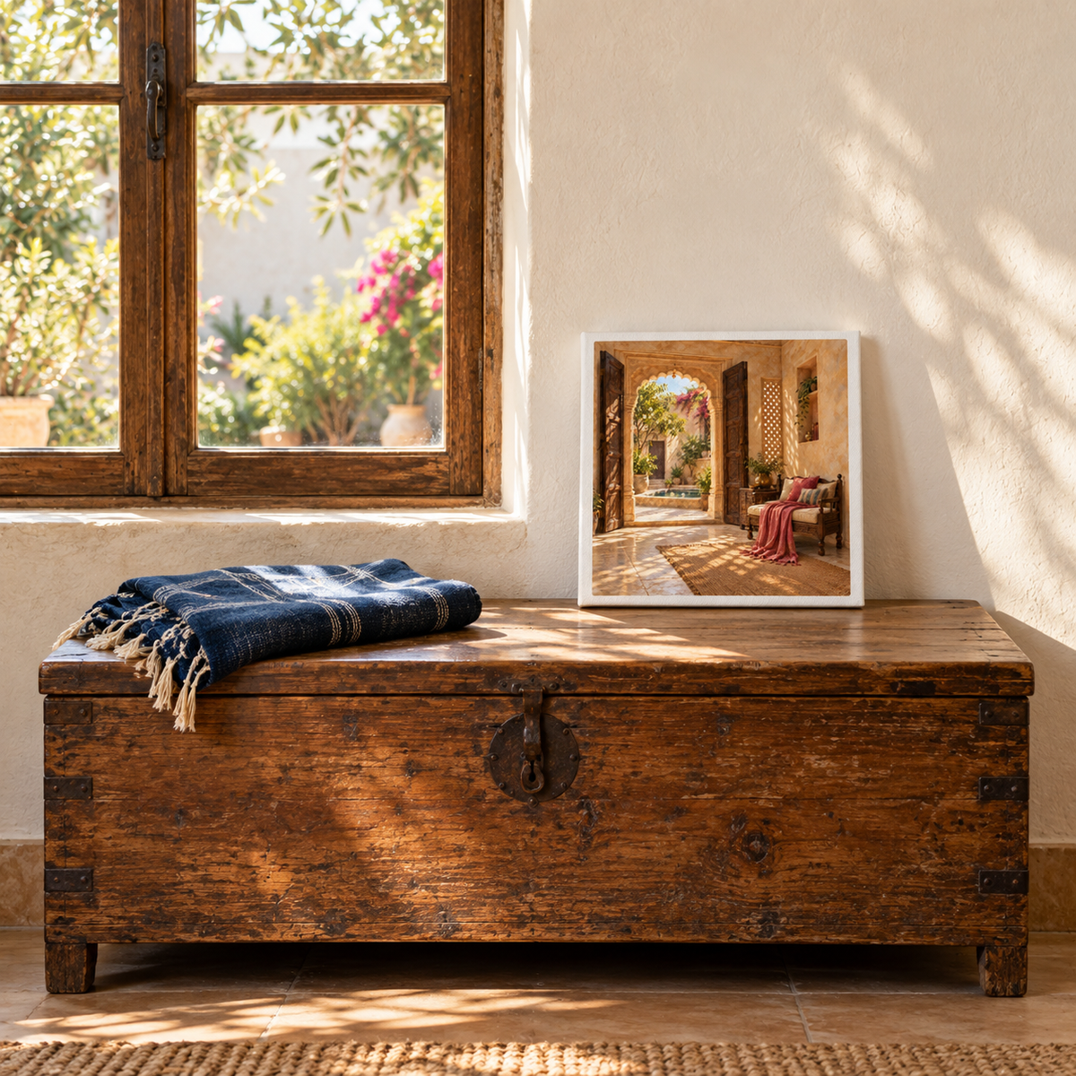 The Door Left Open Canvas | Sand & Saffron gallery-wrapped print of a sunlit courtyard leans against a white wall on a rustic wooden chest, next to a folded navy blue throw blanket.