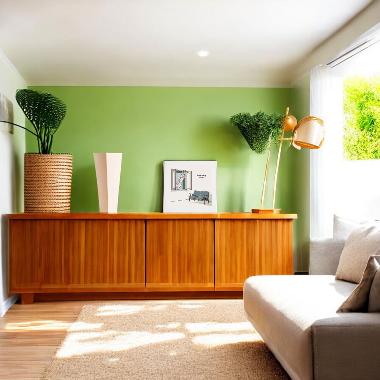 A bright living room features a wooden sideboard, two large potted plants, a gold floor lamp, light sofa, beige rug, and a green accent wall displaying Mirabilia Boutique’s "Let the Day Unfold Canvas – Serene Slow Morning Art" amid sunlight.
