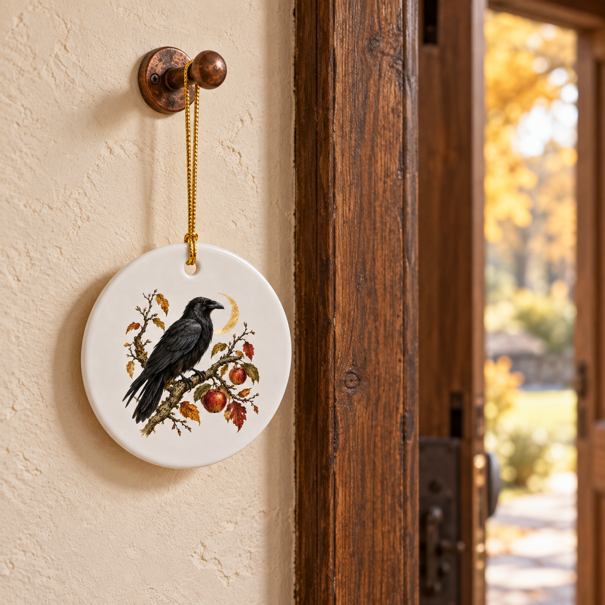 The Orchard Sentinel Raven Ceramic Ornament by Mirabilia Boutique features a black raven on an apple tree branch below a golden crescent moon, hanging on a copper hook with autumn trees visible through an open doorway.