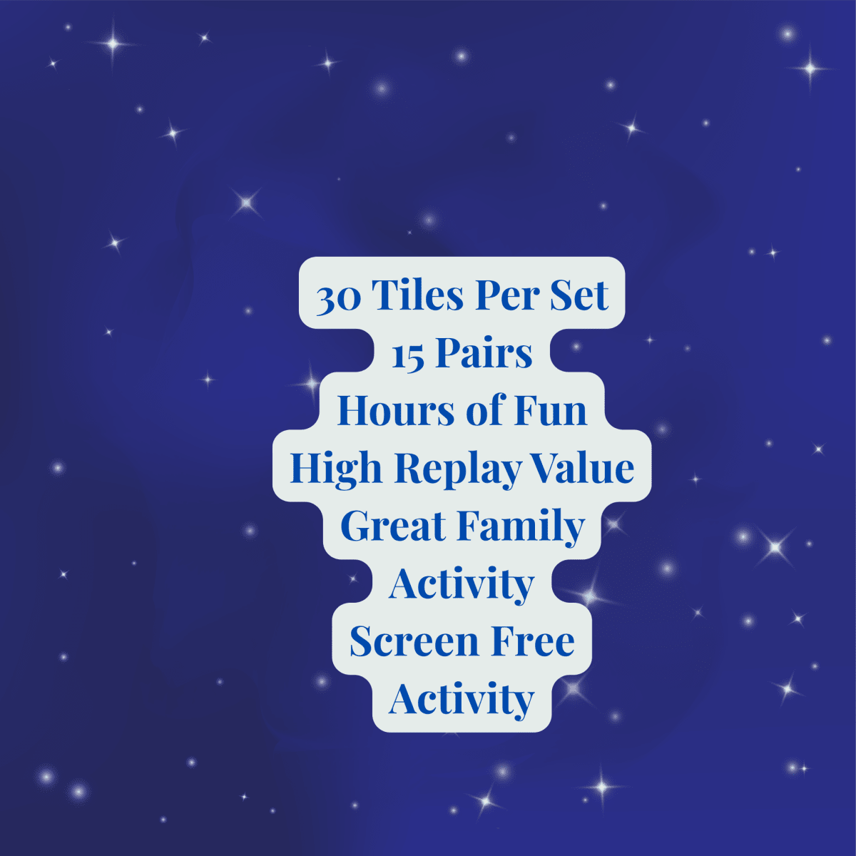 Mirabilia Boutique’s Space Match Game features 30 tiles (15 pairs) on a dark blue starry background with white text—hours of fun, high replay value, and a great family, screen-free activity!.
