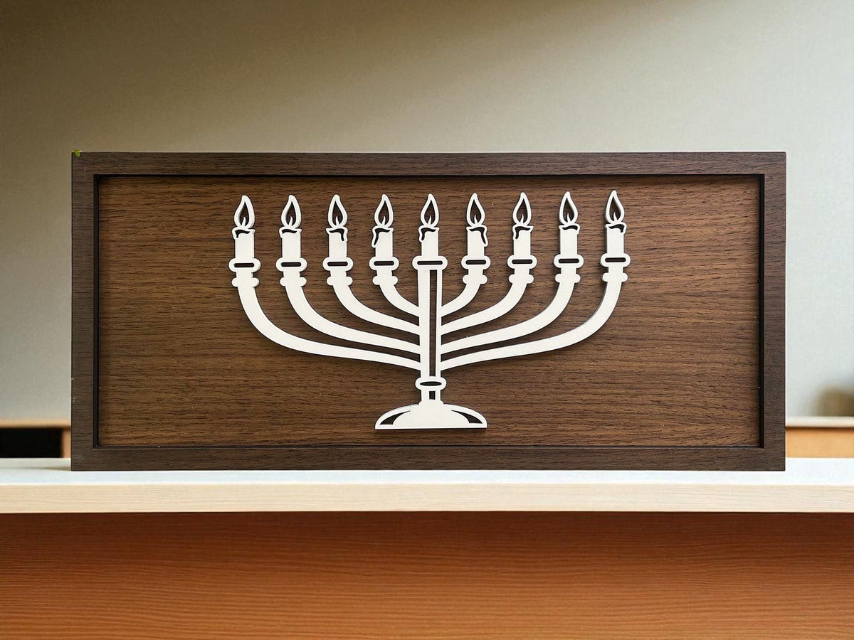 The 18x8 Modern Menorah Sign by Mirabilia Boutique features a minimalist, laser-cut nine-branched menorah with lit candles—perfect Hanukkah decor for shelves or mantels.