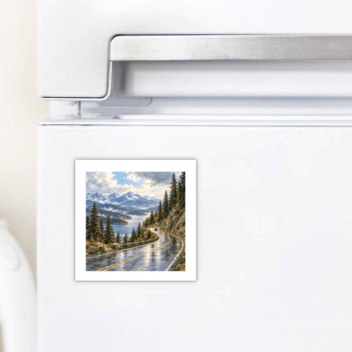 The Scenic Byway Magnet is a square mountain landscape magnet depicting a scenic byway curving along a lake beneath snow-capped peaks.