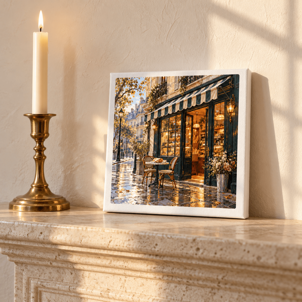 The City Before Nine Canvas | Paris Toujours, a gallery-wrapped print of a Parisian street-side cafe at dawn, leans on a stone mantel next to a lit candle as charming wall decor.
