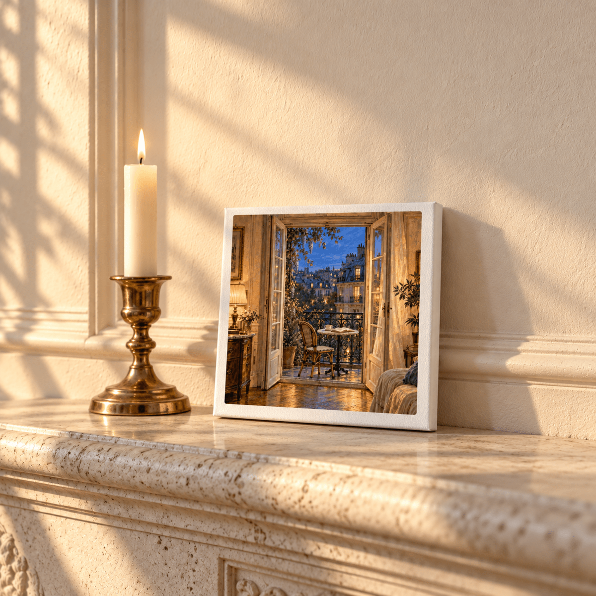 A square, gallery-wrapped Blue Hour on the Balcony Canvas | Paris Toujours print of a Paris balcony view at twilight, displayed on a fireplace mantel next to a lit candle.