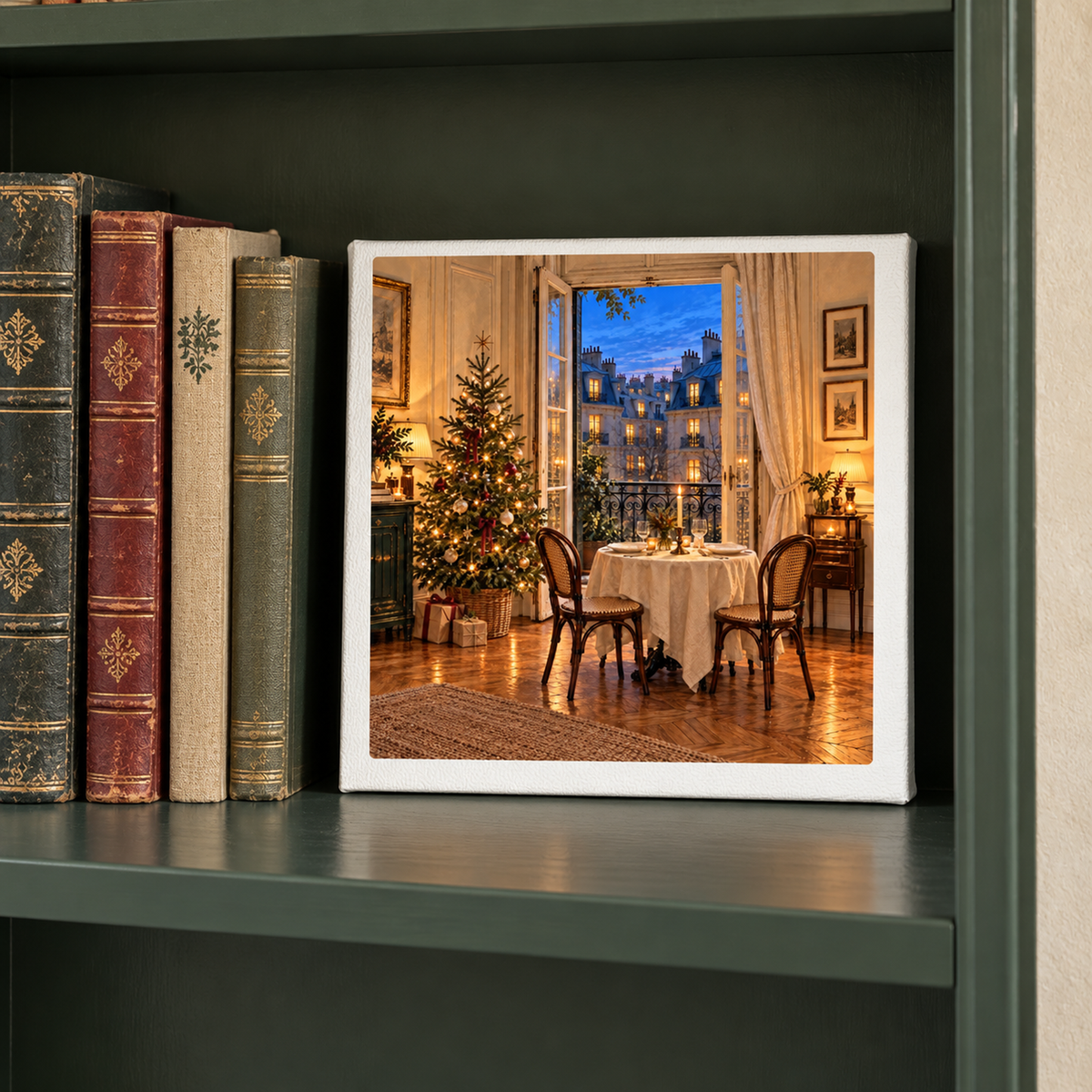 A Christmas in the Apartment Upstairs Canvas from Mirabilia Boutique sits on a bookshelf, depicting a cozy, decorated Paris apartment at twilight with a tree and a table for two beside an open balcony door overlooking the city.