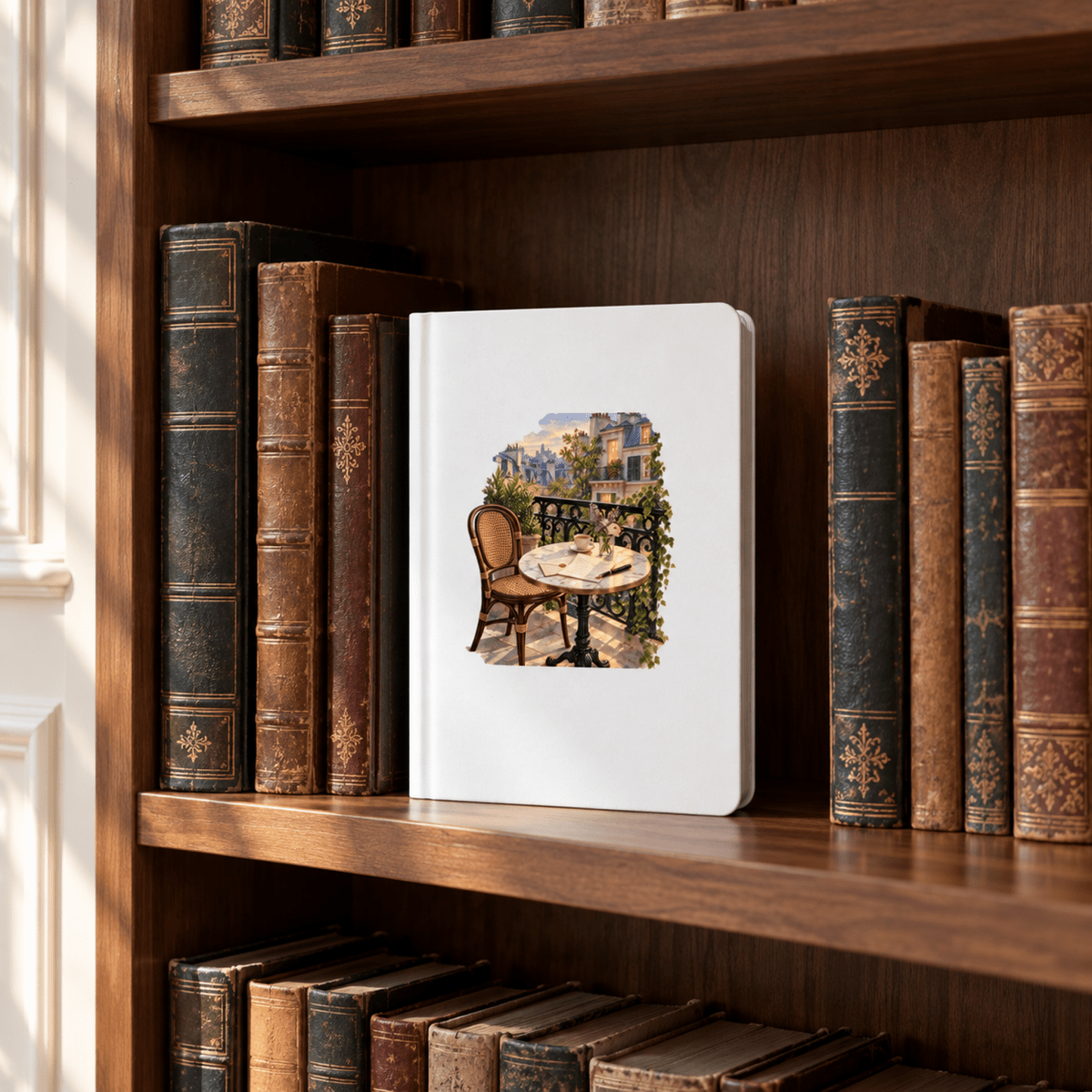 White Letters from Paris A5 Journal on a wooden bookshelf between antique books, featuring an illustration of a café table on a Paris balcony.