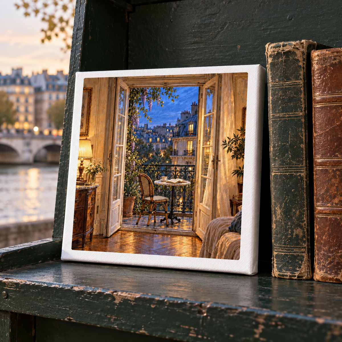 A gallery-wrapped Blue Hour on the Balcony Canvas from Mirabilia Boutique, showing a balcony view of Paris during the blue hour, displayed on a dark shelf next to two old books.