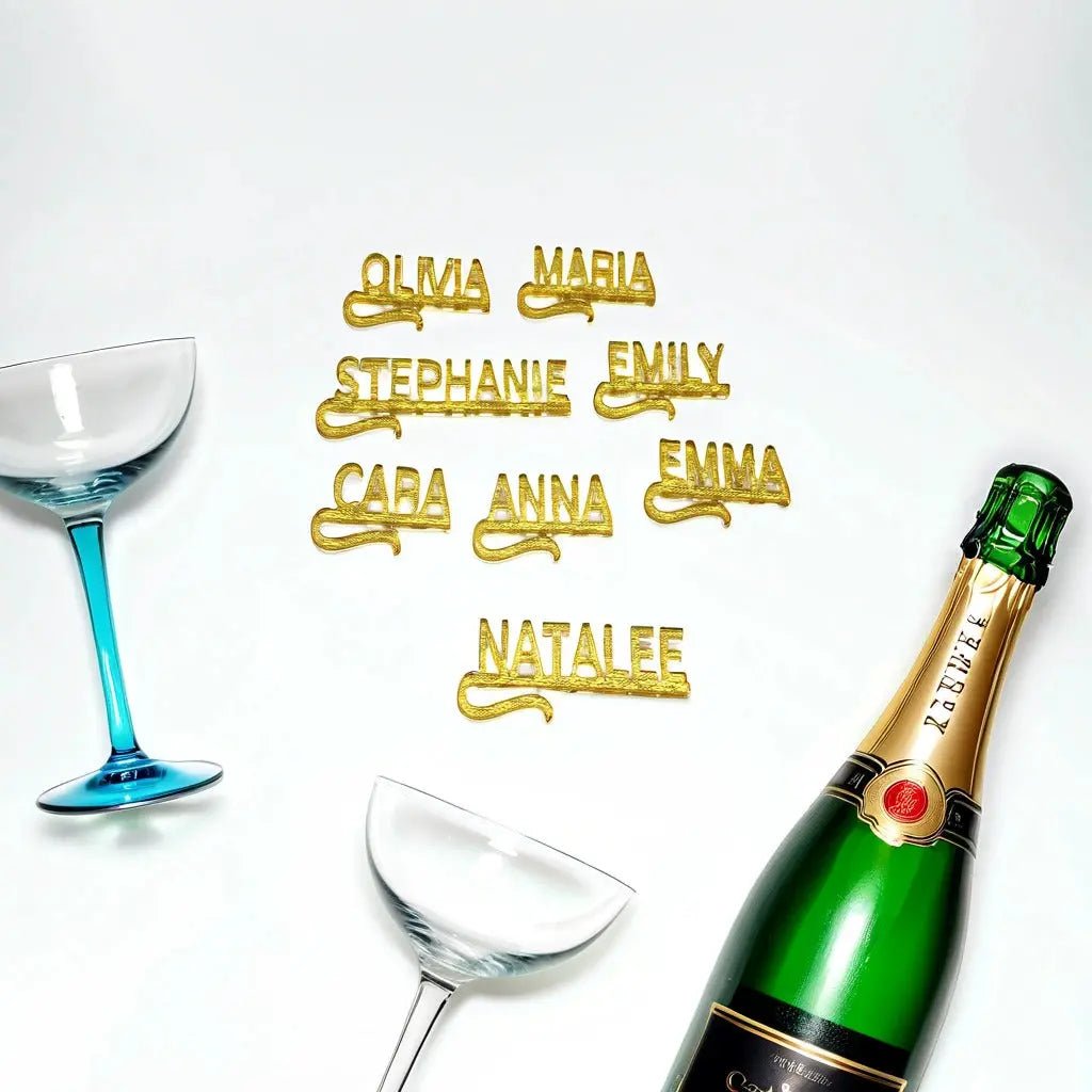 Two empty wine glasses, a bottle of sparkling wine, and Mirabilia Boutique's Personalized Wine Glass Name Charms in gold acrylic—custom drink tags like Olivia and Maria—showcase unique bachelorette party or wedding personalization on a white surface.
