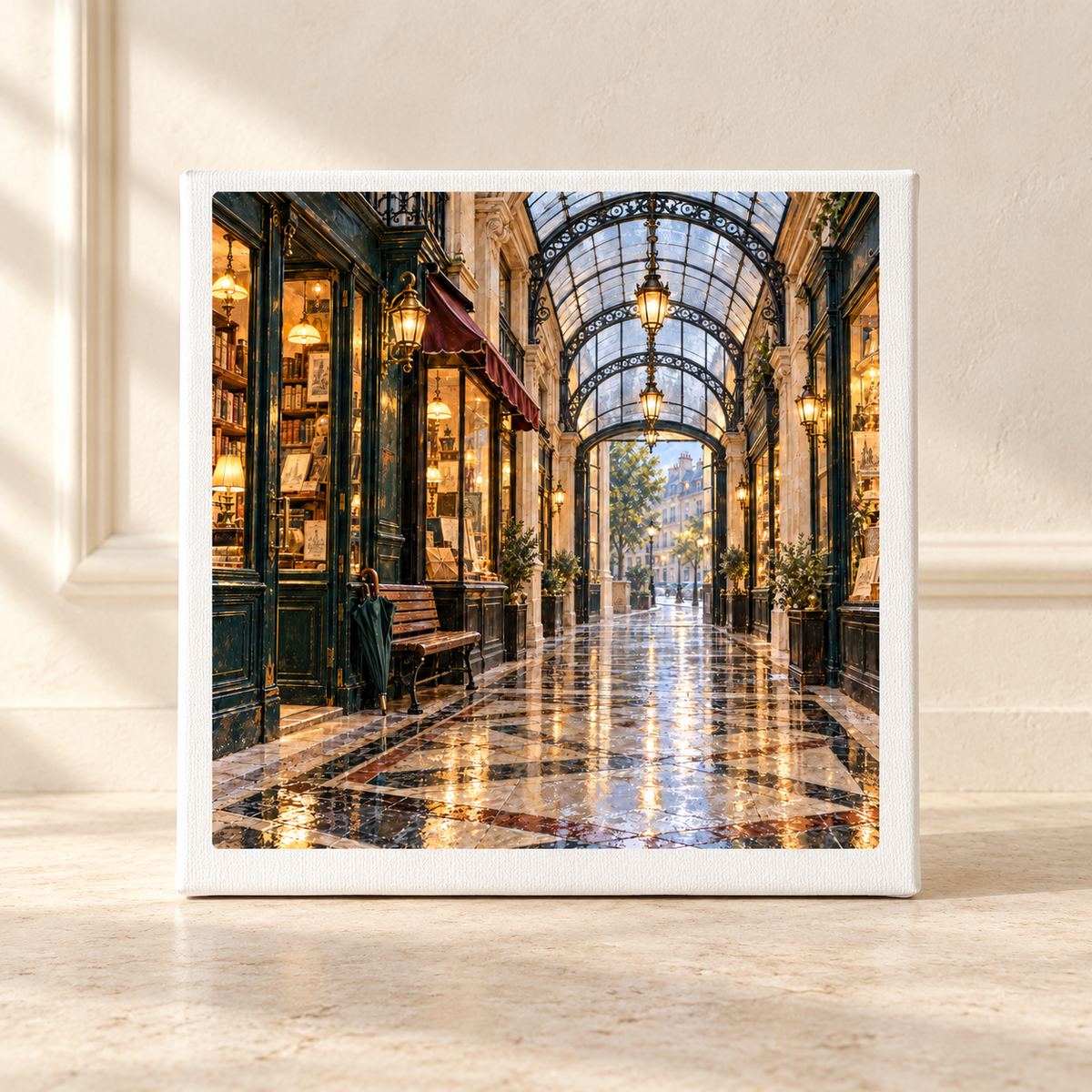Passage in the Rain Canvas | Paris Toujours gallery-wrapped print of a Parisian covered arcade featuring shopfronts, hanging lanterns, and a wet, reflective tile floor in this architectural artwork.