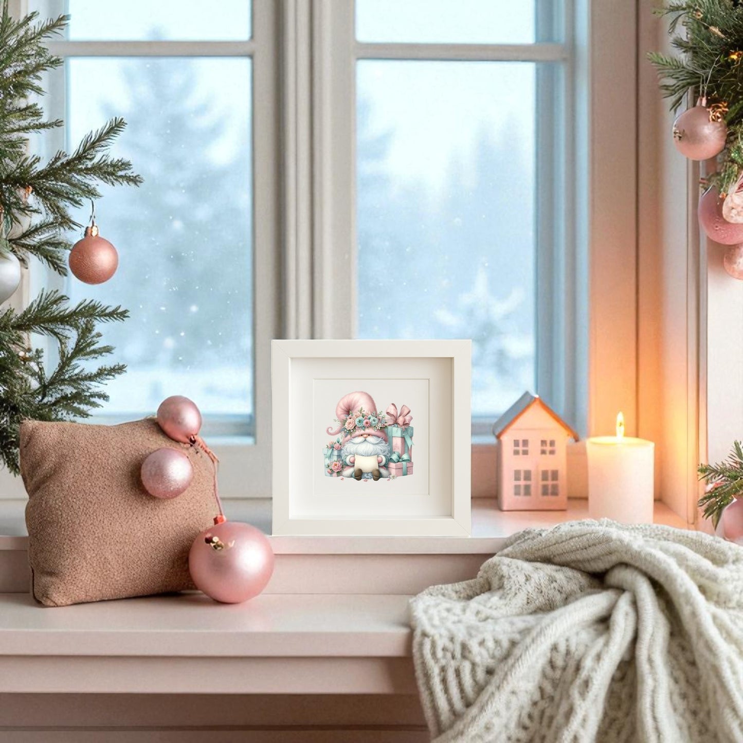A cozy winter windowsill displays the Mirabilia Boutique Pastel Gnome with Gifts holiday wall art, pink ornaments, a candle, a tiny house, a knit blanket, and a small pillow. Snowy trees outside complete the festive holiday decor.