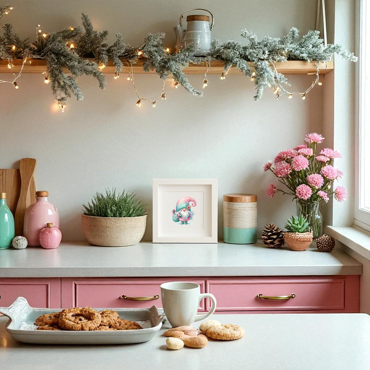 A cozy kitchen with pink drawers, white countertop, cookies, and pastel decor shines with Scandinavian warmth. Pink flowers, pinecones, and Mirabilia Boutique’s “Pastel Gnome Wall Art | Teal Hat Winter Print” add winter charm under twinkling fairy lights.