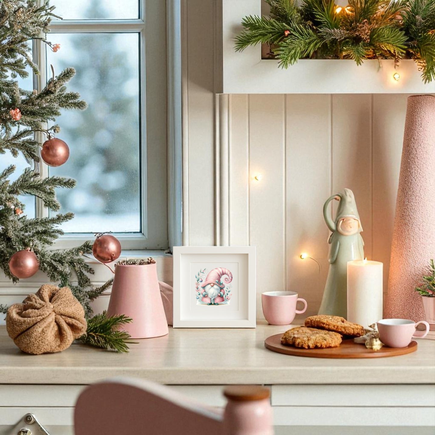 A cozy holiday kitchen features pink mugs, cookies, a gift, festive greenery, and ornaments. Scandinavian charm glows with Mirabilia Boutique's Pastel Gnome Wall Art beside a window framing wintry scenery.