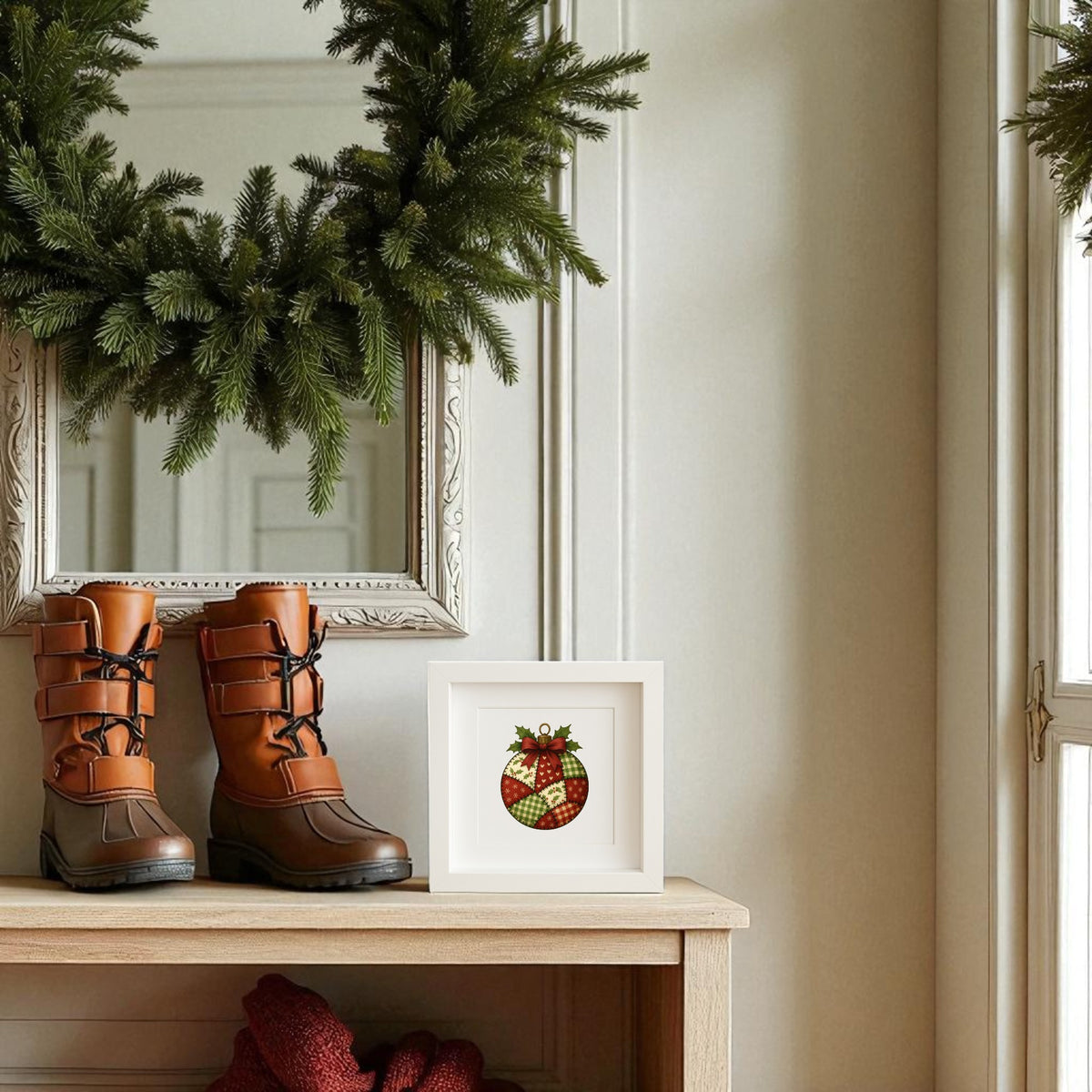 A pair of brown winter boots sits on a wooden bench beneath a mirror framed with greenery. Next to the boots is Mirabilia Boutique’s Patchwork Ornament Sign | 5x5 Christmas Shadowbox Wall Art, adding farmhouse holiday charm. A large wreath hangs above.