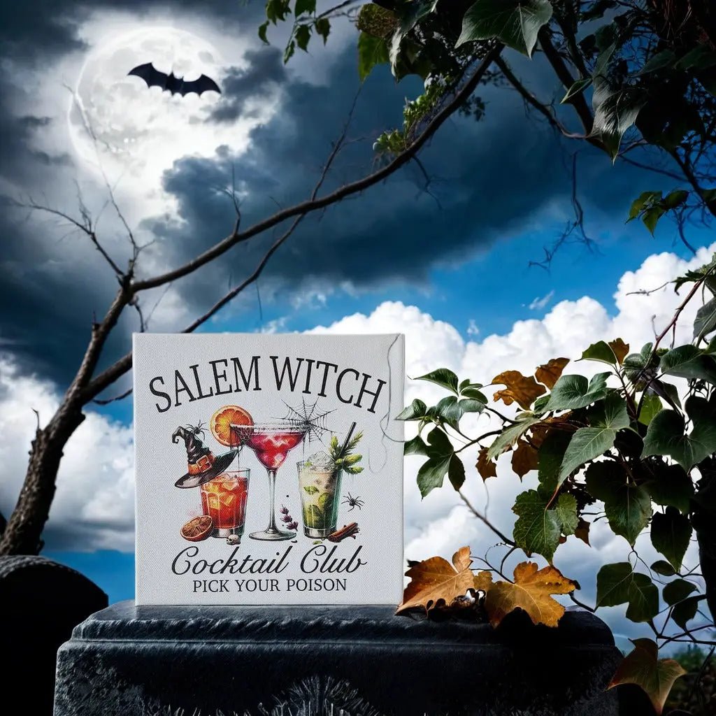 The Mirabilia Boutique Salem Witch Cocktail Club Halloween Canvas (8x8) features a tombstone sign and spooky night sky—an ideal bar decor with full moon, bat, and eerie tree for your Halloween setup.