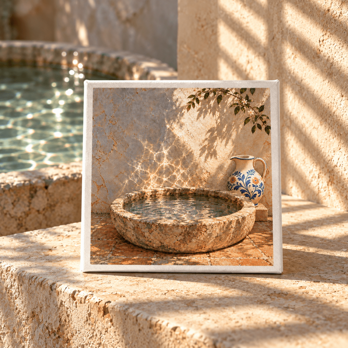 Water Against the Wall Canvas artwork featuring a stone basin of water and a decorative pitcher on a stone ledge beside a small fountain, creating a serene courtyard scene against a textured wall.